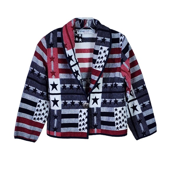 Vintage 90s Bedford Fair Americana Tapestry Jacket Concho Button USA Flag MP - Picture 1 of 9